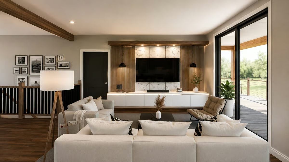 Fluted Wood Panels and Floating Cabinetry Make a TV Wall Worth Designing Around