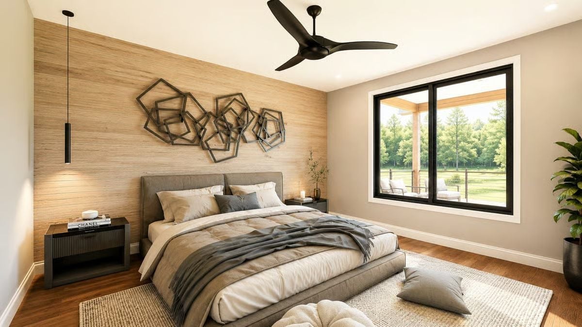 Wood Slat Accent Wall and Geometric Metal Art Do the Heavy Lifting Here