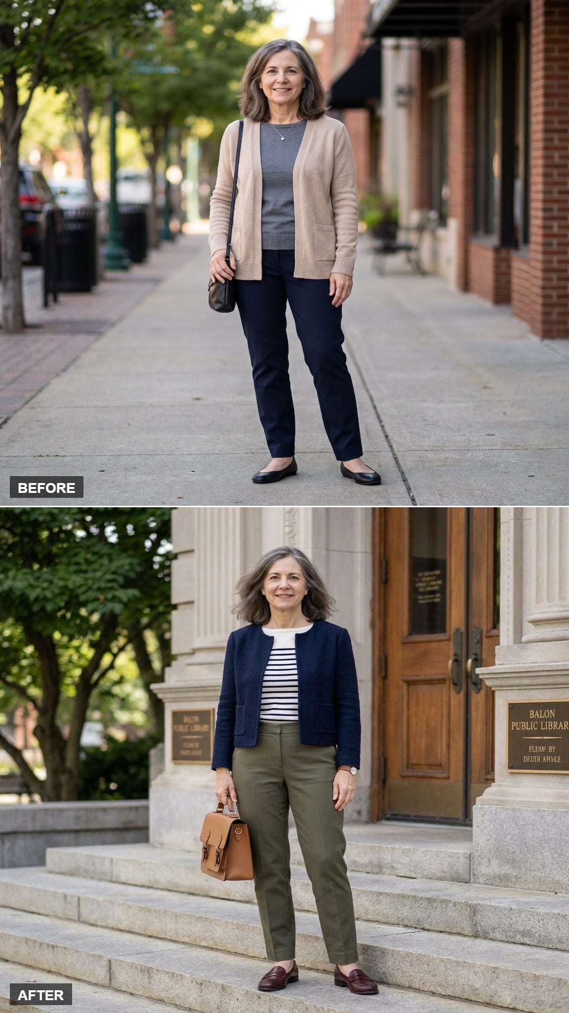 Ivory and Navy Breton Knit Tucked Into Olive Tailored Trousers With Burgundy Loafers