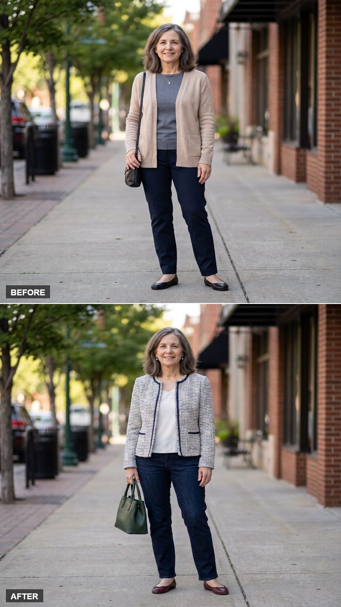 Ivory Tweed Jacket and Dark Denim at the Bakery Door