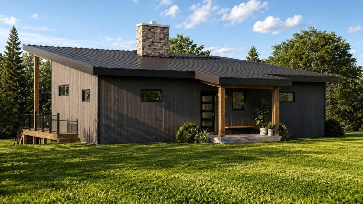 Dark Vertical Siding and Raw Cedar Posts Signal Something Unpretentious