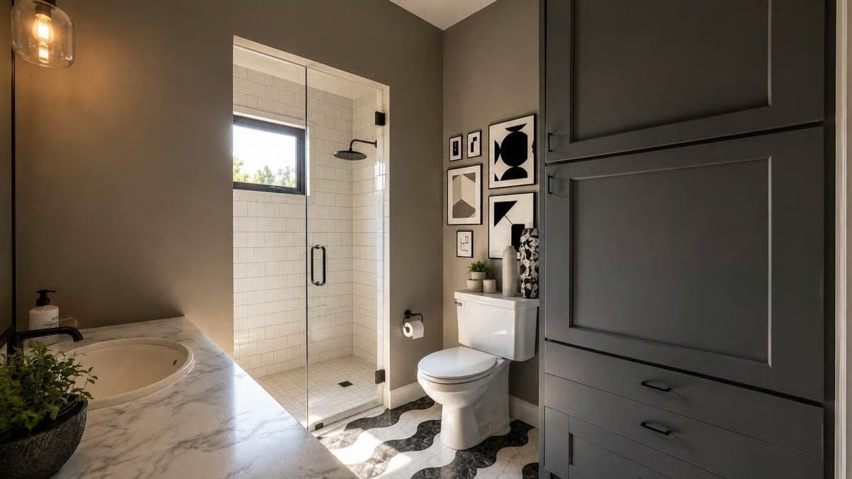 Wavy Floor Tile and a Glass Shower That Pulls All the Natural Light It Can Get