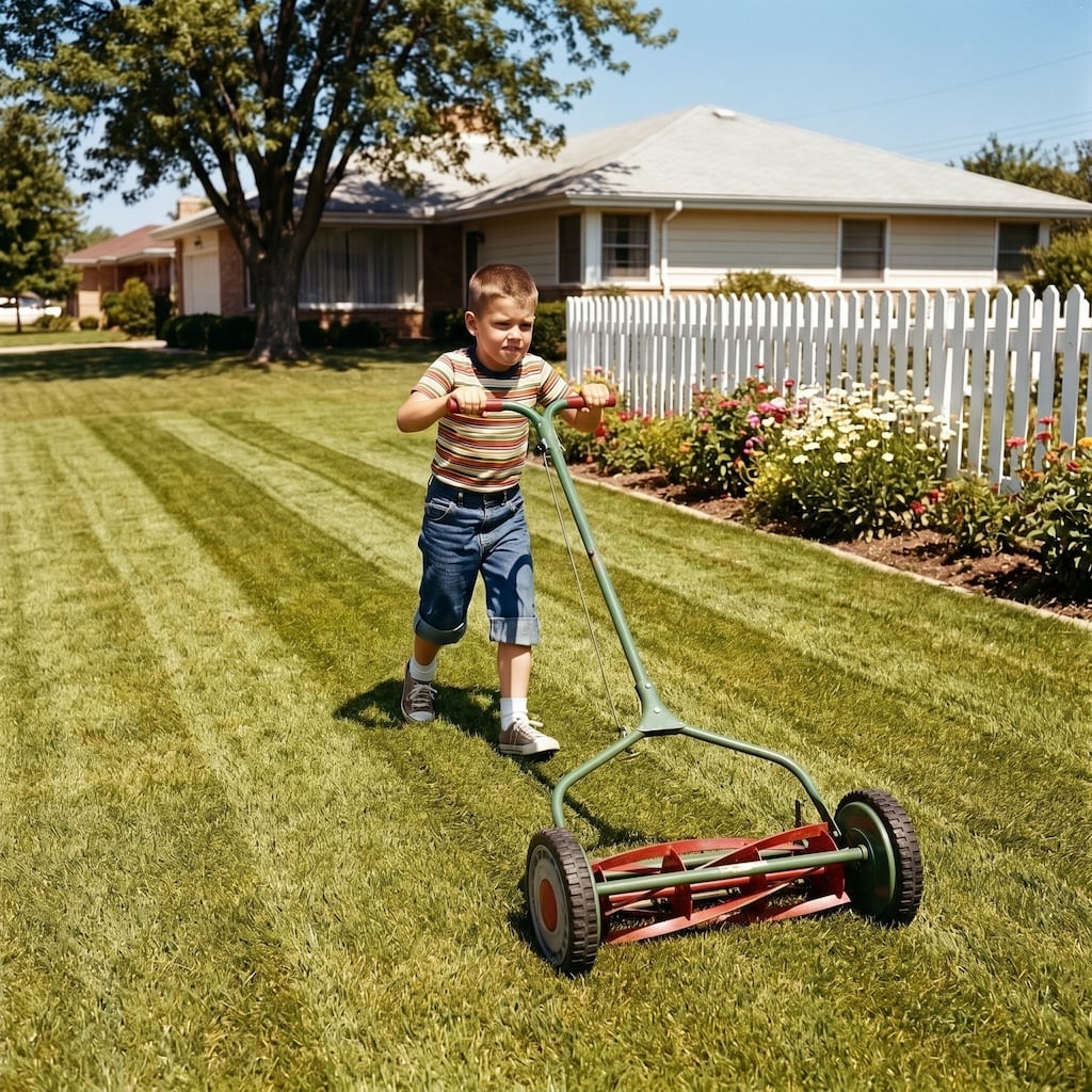 A child mowing the front lawn with a reel push mower