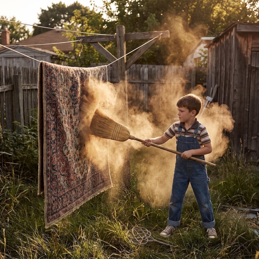 A child beating dust from a rug hanging outside