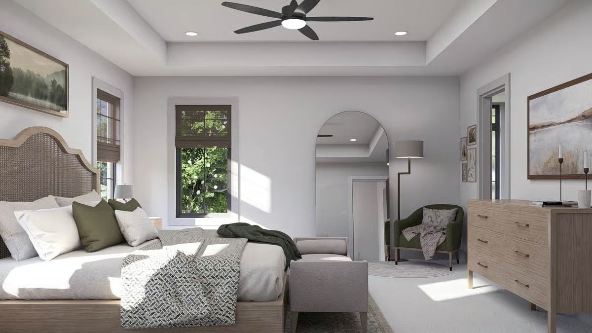 Cane Headboard, Tray Ceiling, and a Knit Throw That Owns the Room