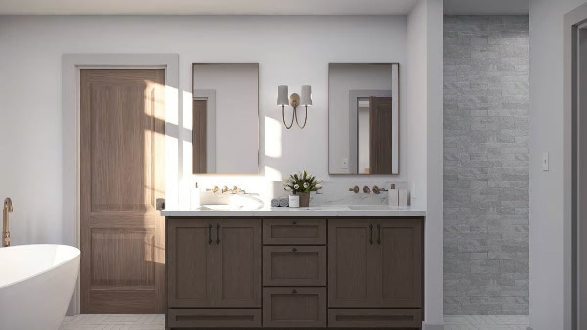 Double Vanity With Wall-Mount Faucets and Stone Counters Built to Split Evenly