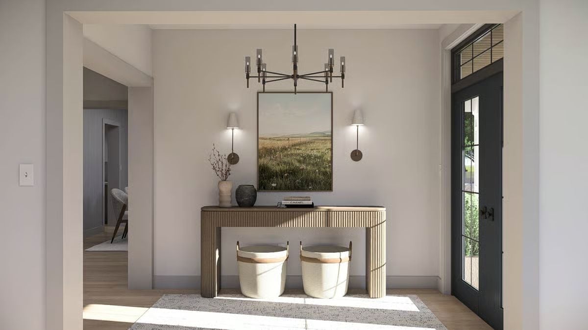 Fluted Console and Fieldscape Art Make This Foyer Feel Like It Means Business