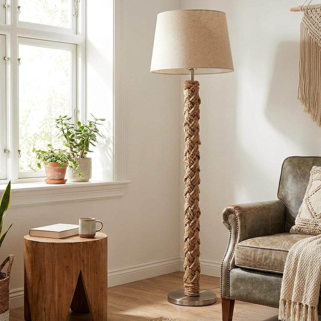 Knotted jute sleeve wrapped around a 1970s floor lamp