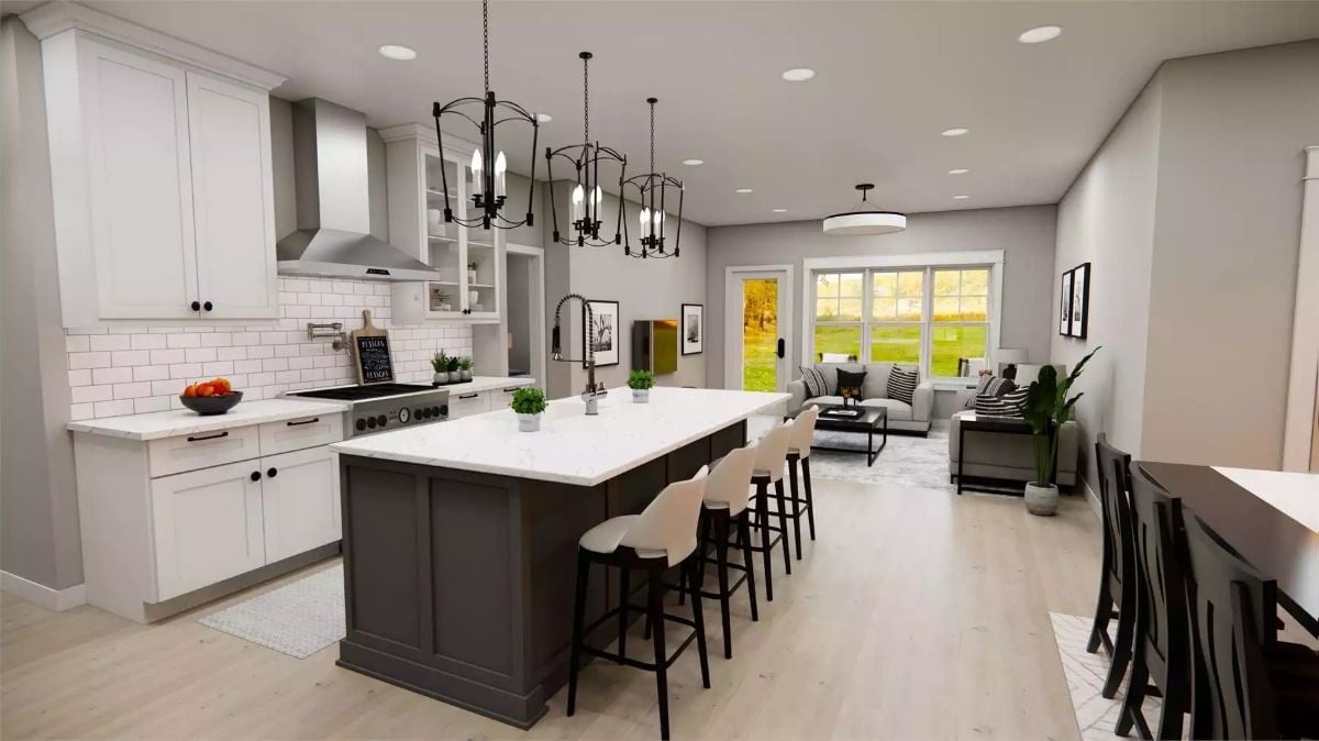 Dark Island Base, White Quartz Top, and Two Chandeliers That Actually Work Together