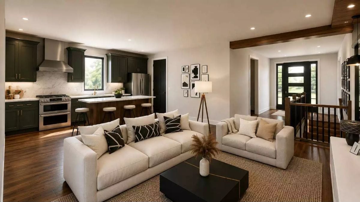 Dark Cabinetry, Cream Sofas, and One Kitchen That Pulls the Whole Floor Together