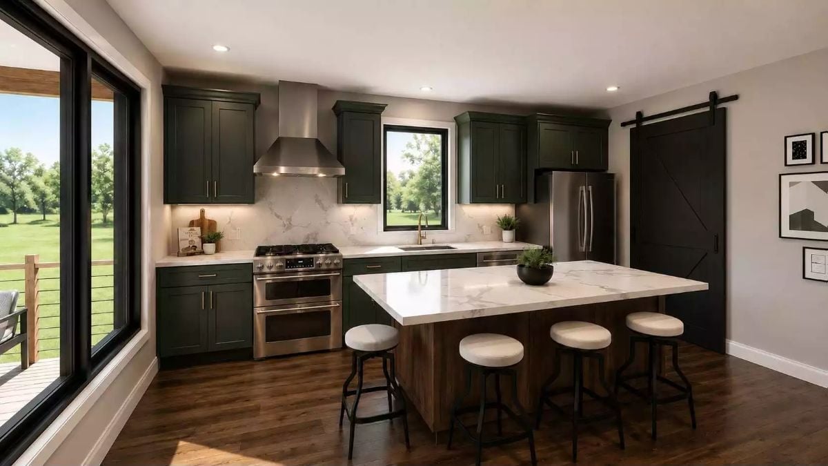Dark Green Cabinets, Marble Island, and a Barn Door That Earns Its Keep