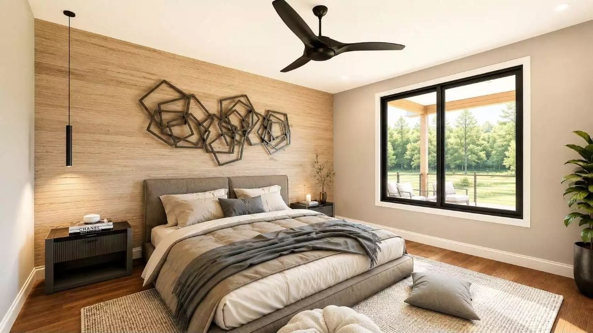 Geometric Wall Art, Grasscloth Panels, and a Ceiling Fan That Actually Fits the Room