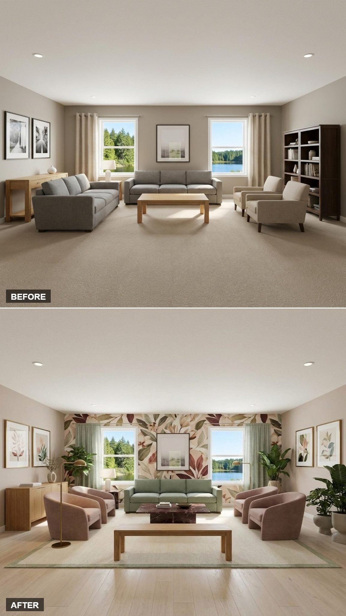 Large-Scale Botanical Wallpaper and Dark-Red Marble Coffee Table: The Blush and Sage Pattern-Forward Lounge
