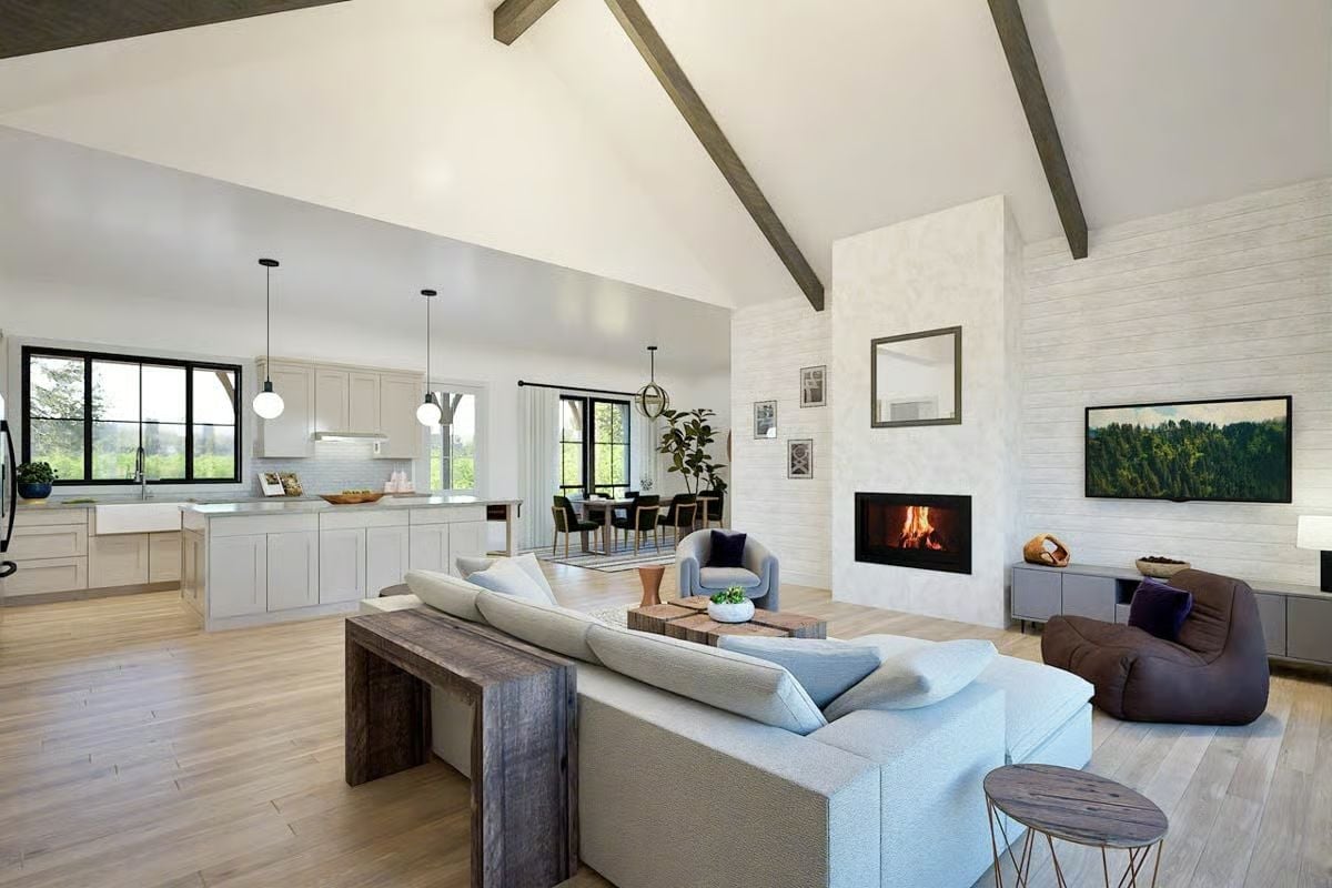 Vaulted Beams, a Live-Fire Hearth, and Room Enough for Everyone
