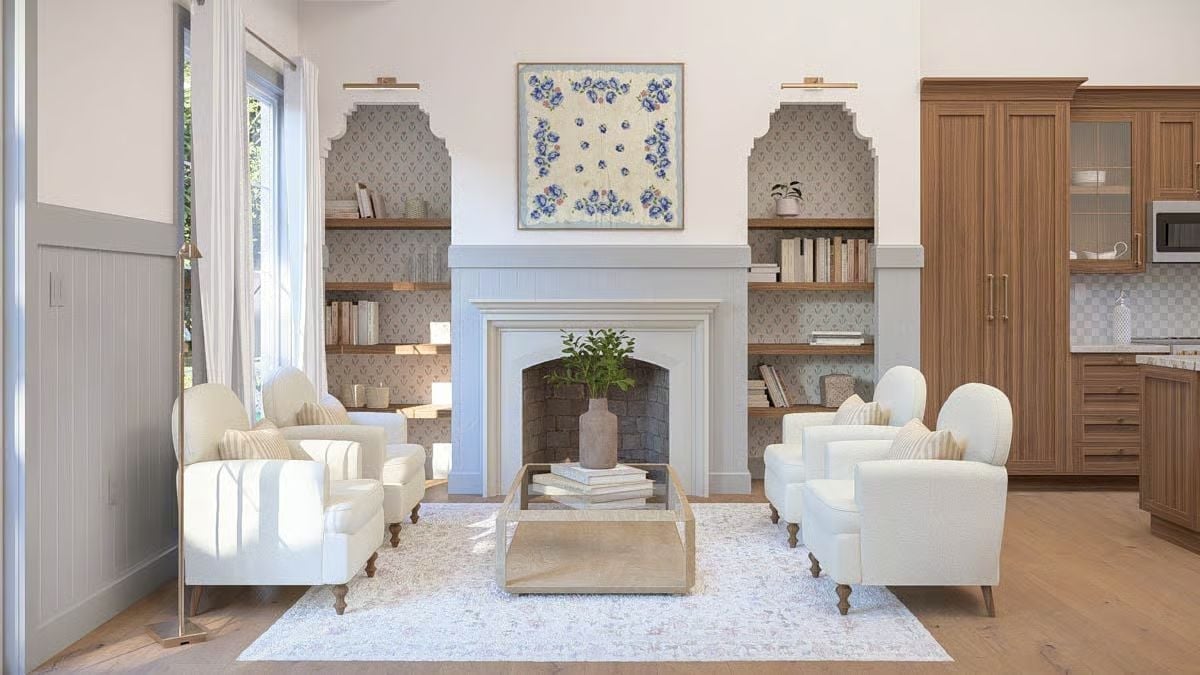 Botanical Art Above the Fireplace Ties Every Soft Neutral in This Room Together