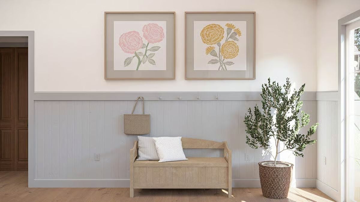 Framed Botanicals and a Storage Bench Make This Entryway Work Hard