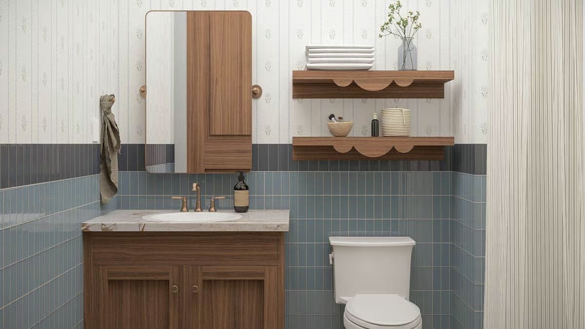 Scallop-Edged Shelves and Blue Tile Give This Bathroom Its Personality
