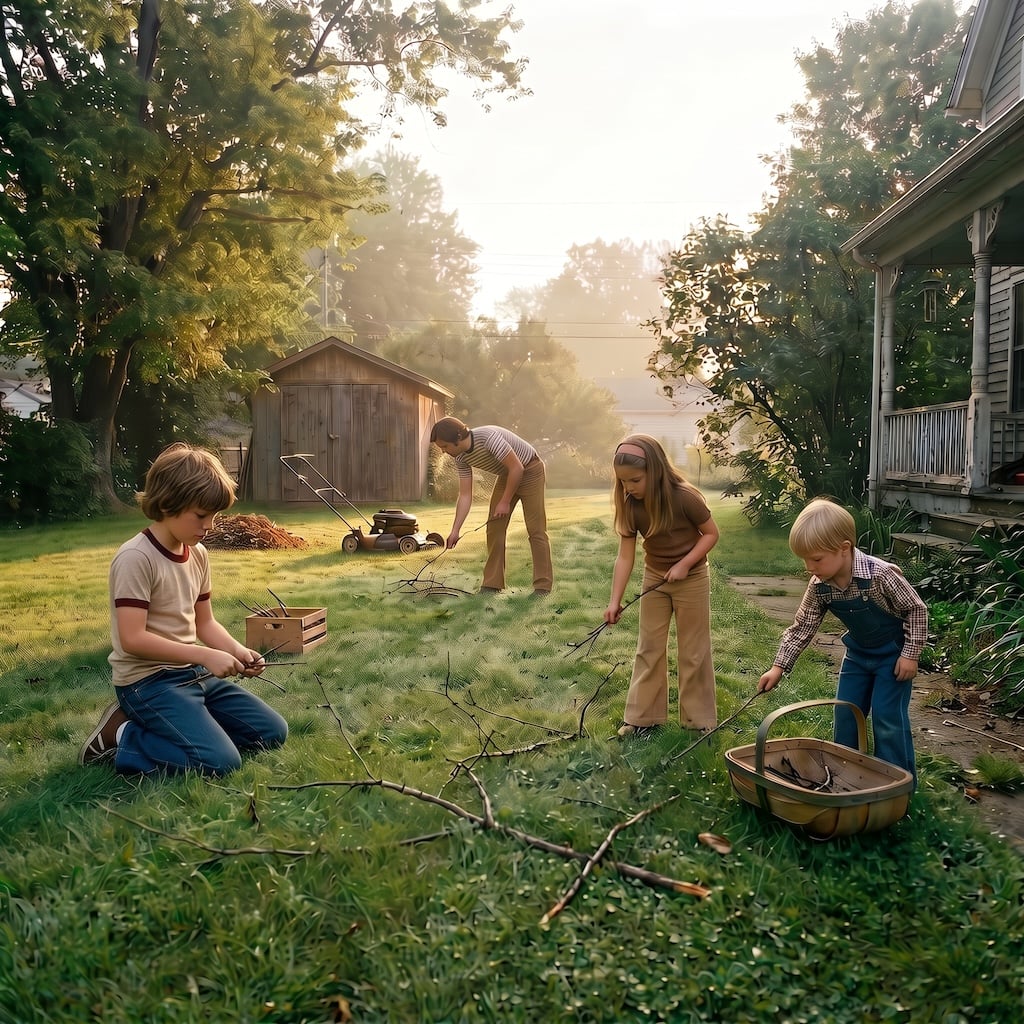 Child walking the lawn to pick up sticks before mowing