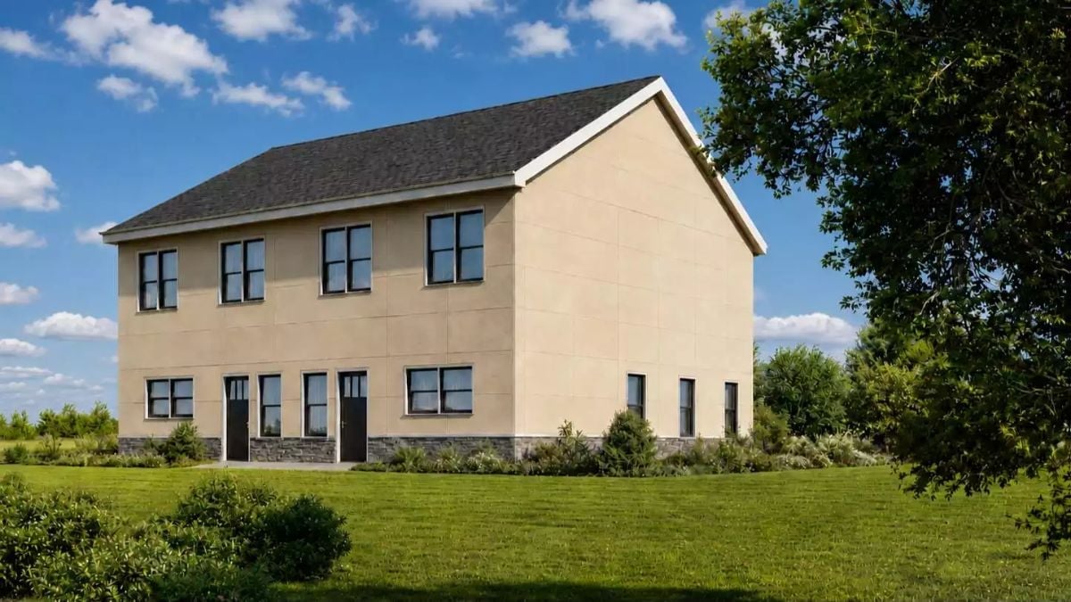 Beige Panels and Stone Base Give This Two-Story Dual Unit Its No-Nonsense Charm