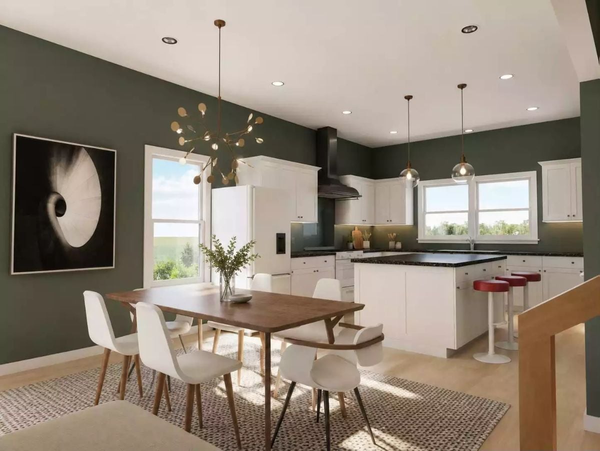 Olive Walls and a Brass Chandelier Make This Open Kitchen-Dining Feel Collected