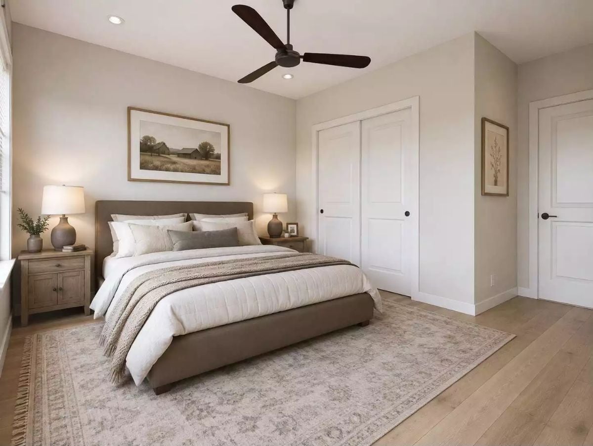 Warm Linen Bedding and a Low-Profile Frame Keep This Bedroom Grounded