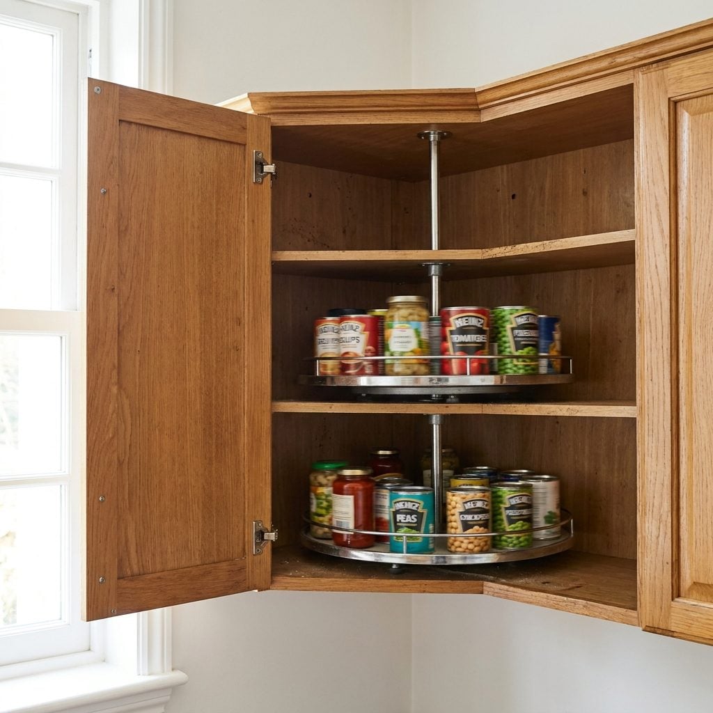 Lazy Susan rotating shelves inside a corner kitchen cabinet