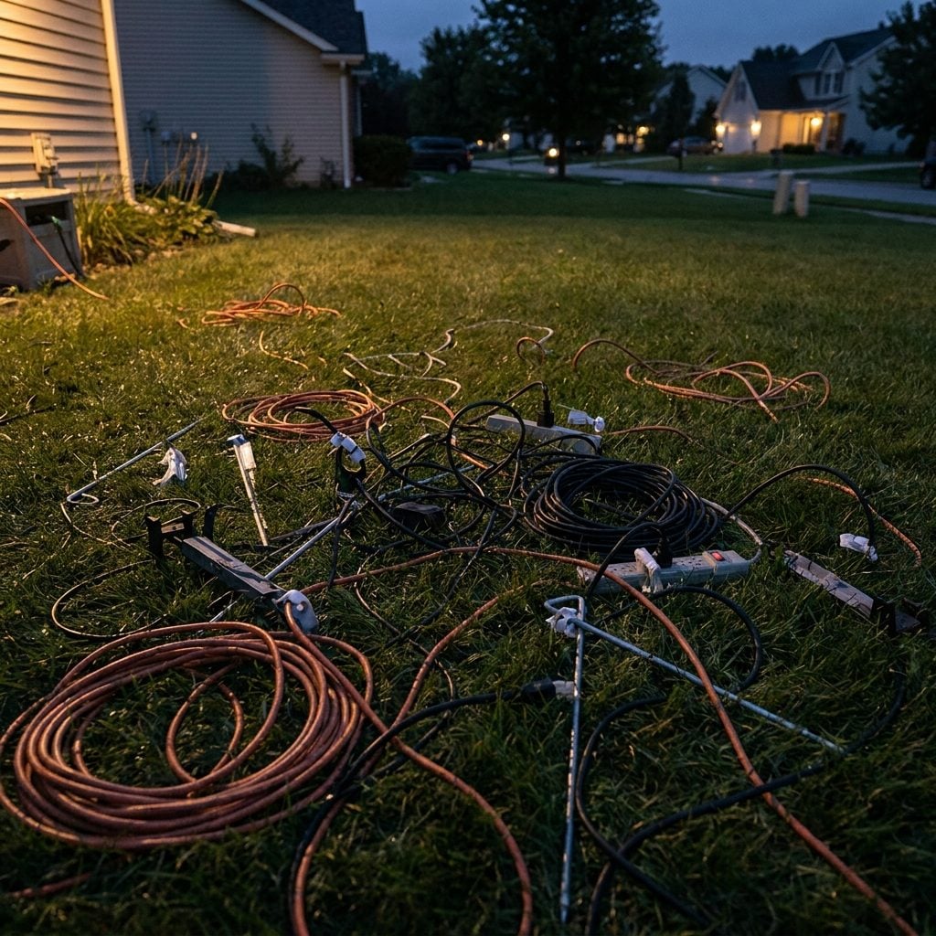 Leaving a Jungle of Visible Wires, Stakes, Clips, and Extension Cords Across the Yard