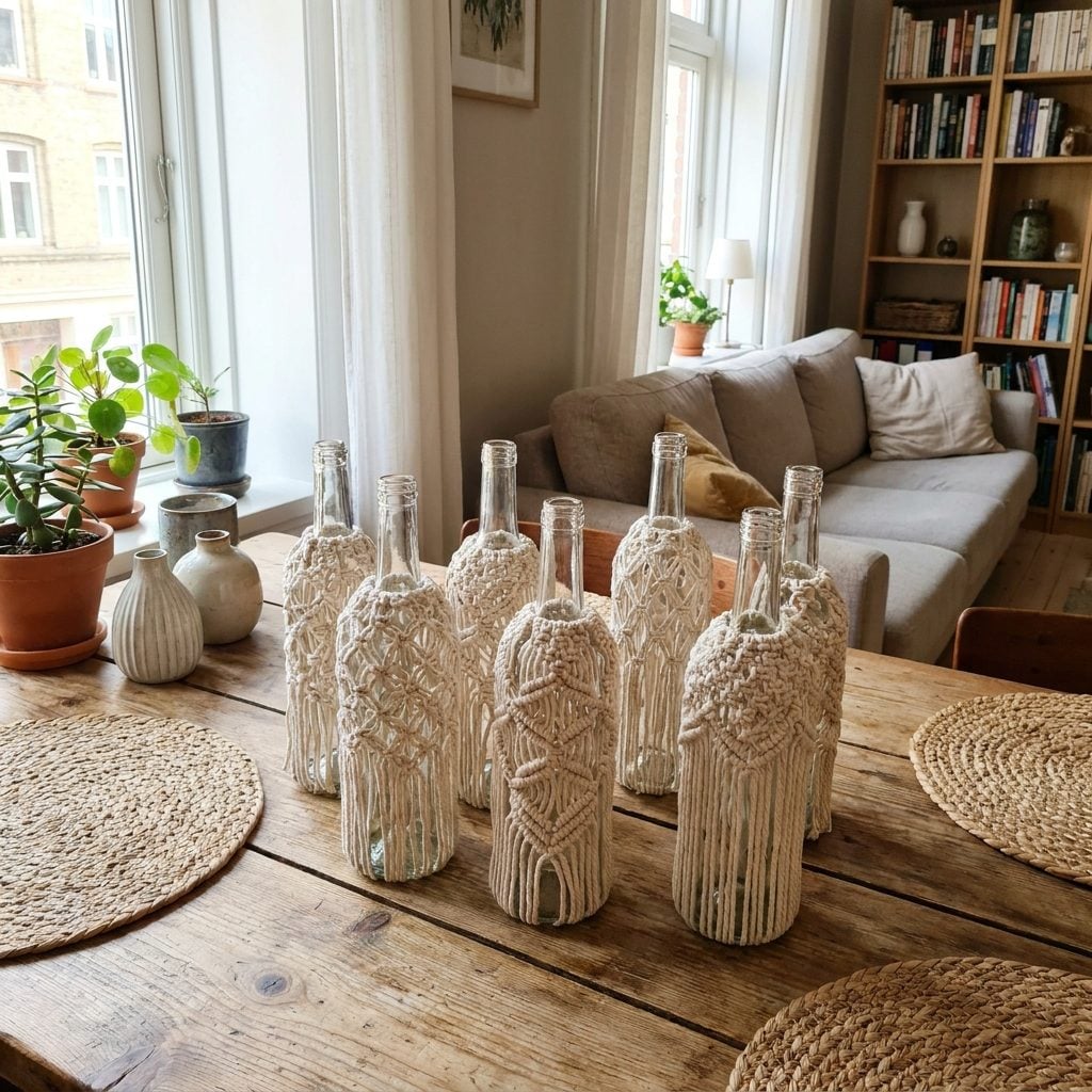 Macramé cover wrapped around a decorative Chianti bottle