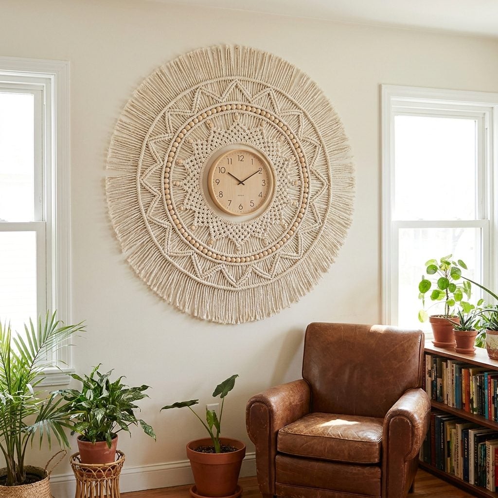 Macramé surround framing a round 1970s wall clock