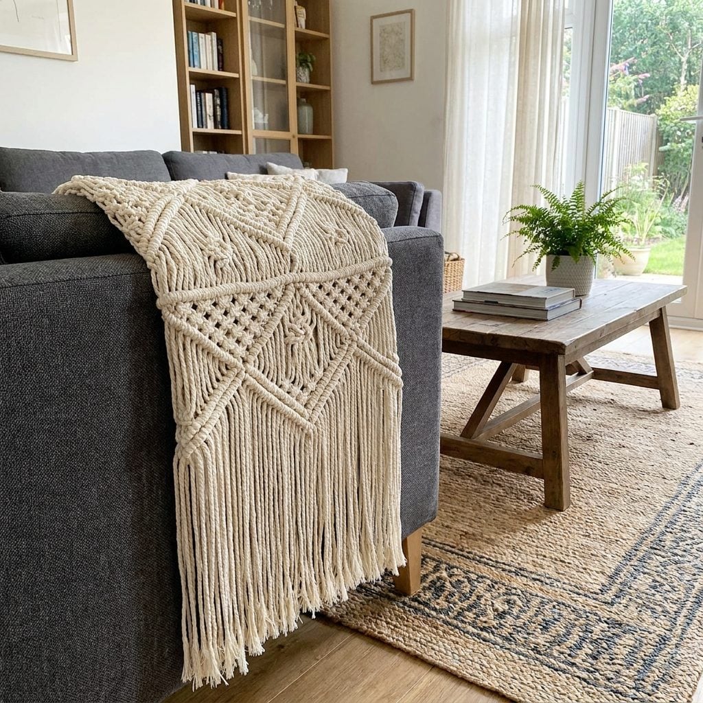 Macramé cover draped across the back of a 1970s sofa