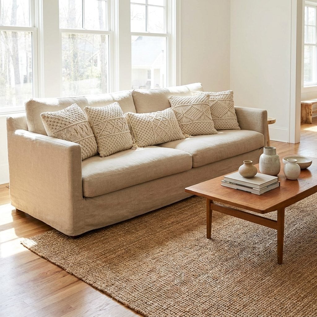 Macramé cushion covers on a 1970s sofa