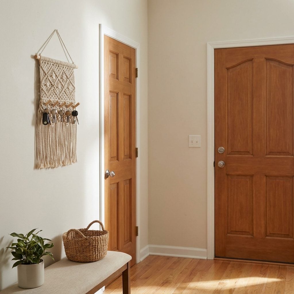 Macramé key holder mounted near a 1970s front door