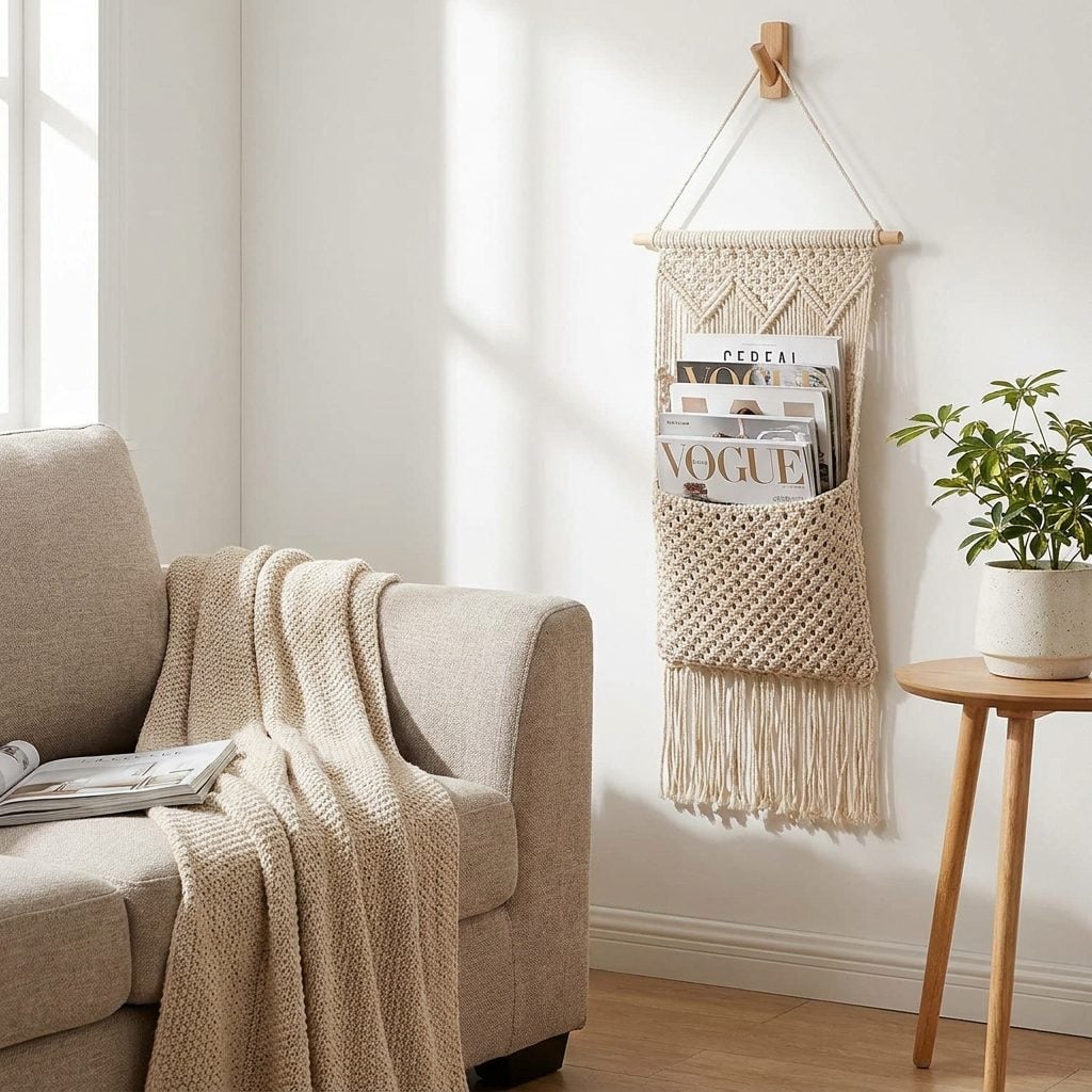 Macramé magazine holder beside a 1970s sofa