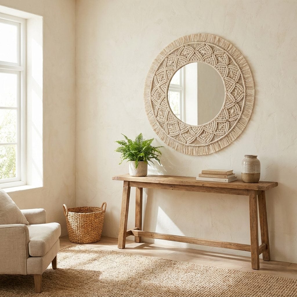 Round mirror framed in macramé above a 1970s console table