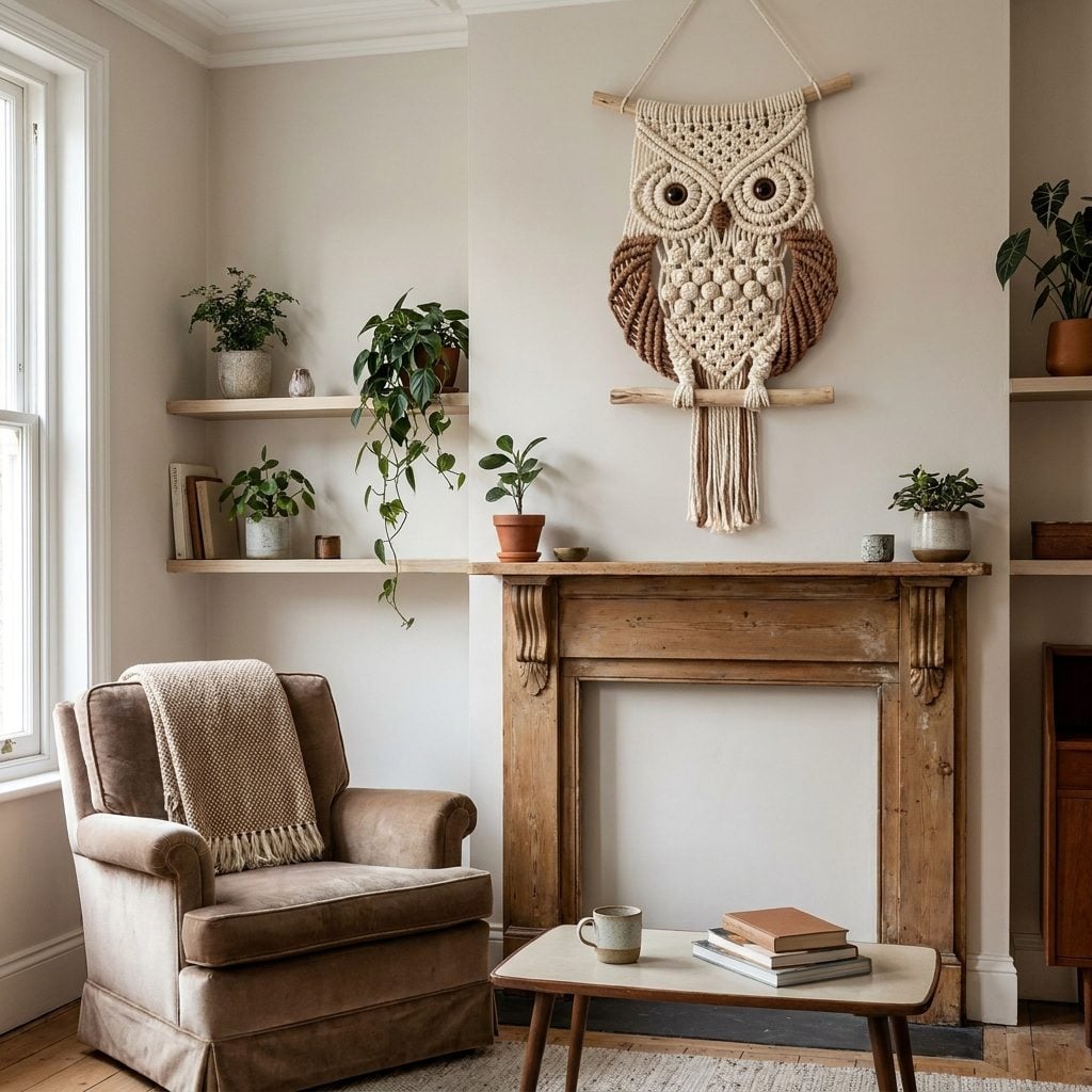 Macramé owl wall hanging in a 1970s living room