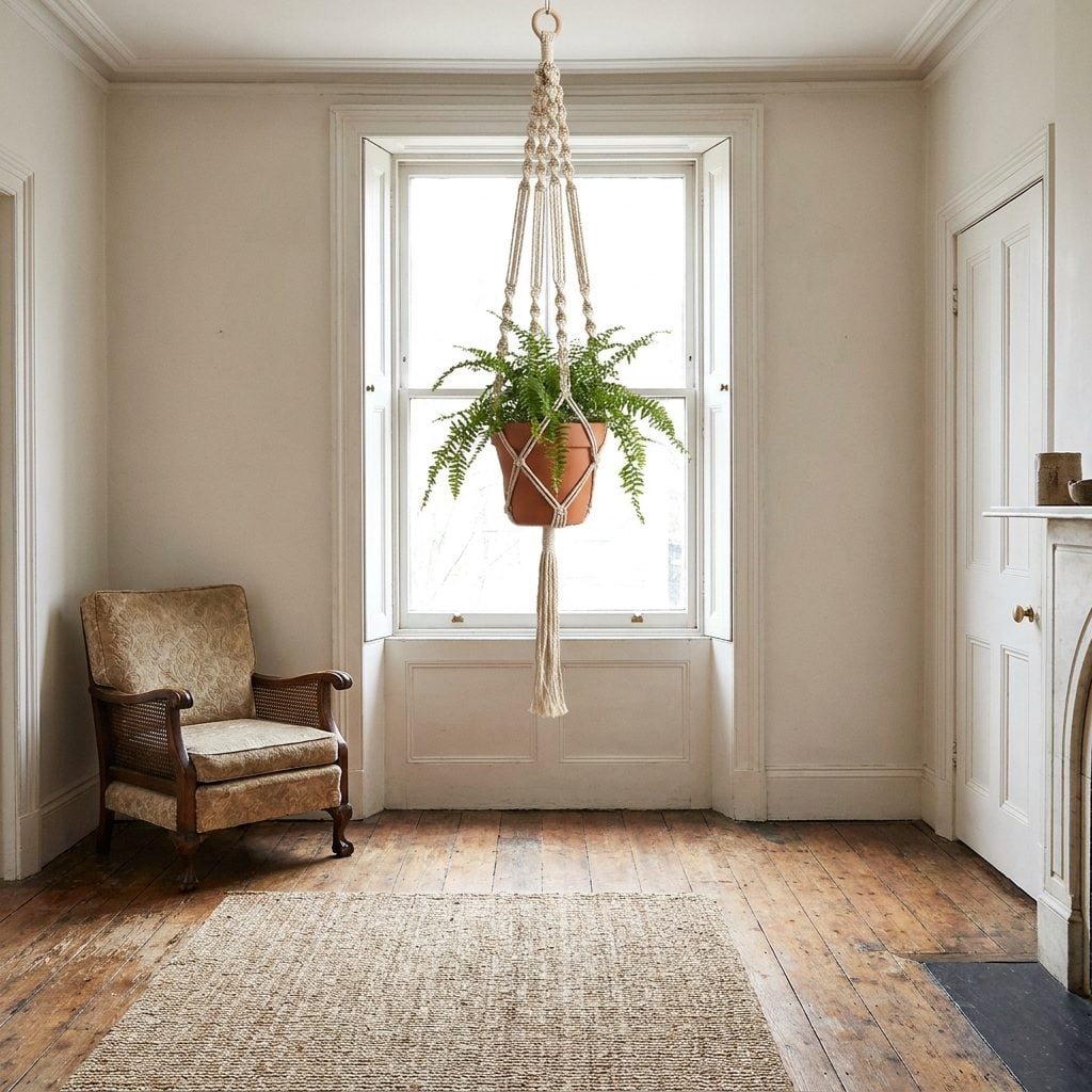 Macramé plant hanger suspended in front of a 1970s window