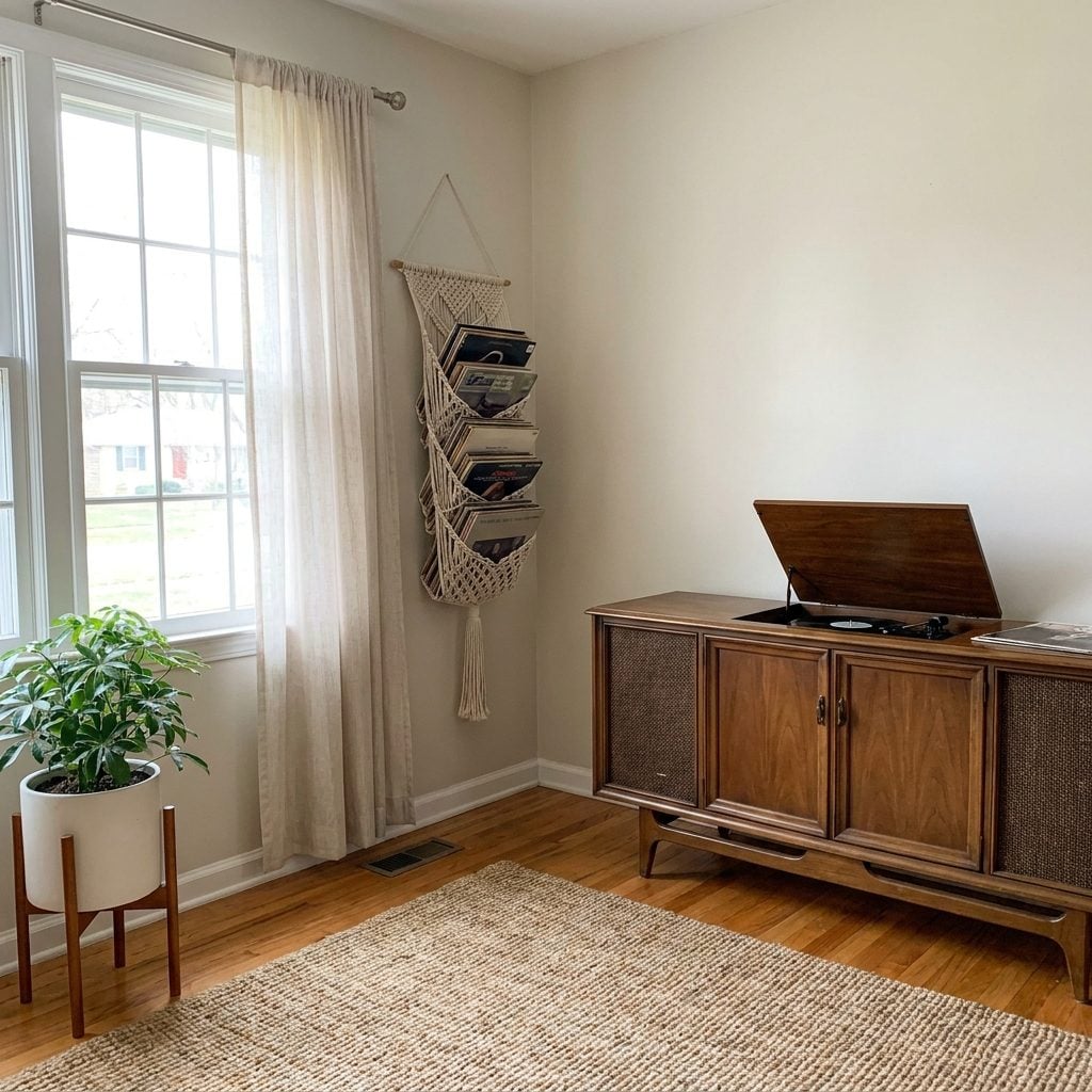 Macramé sling holding records beside a 1970s stereo console