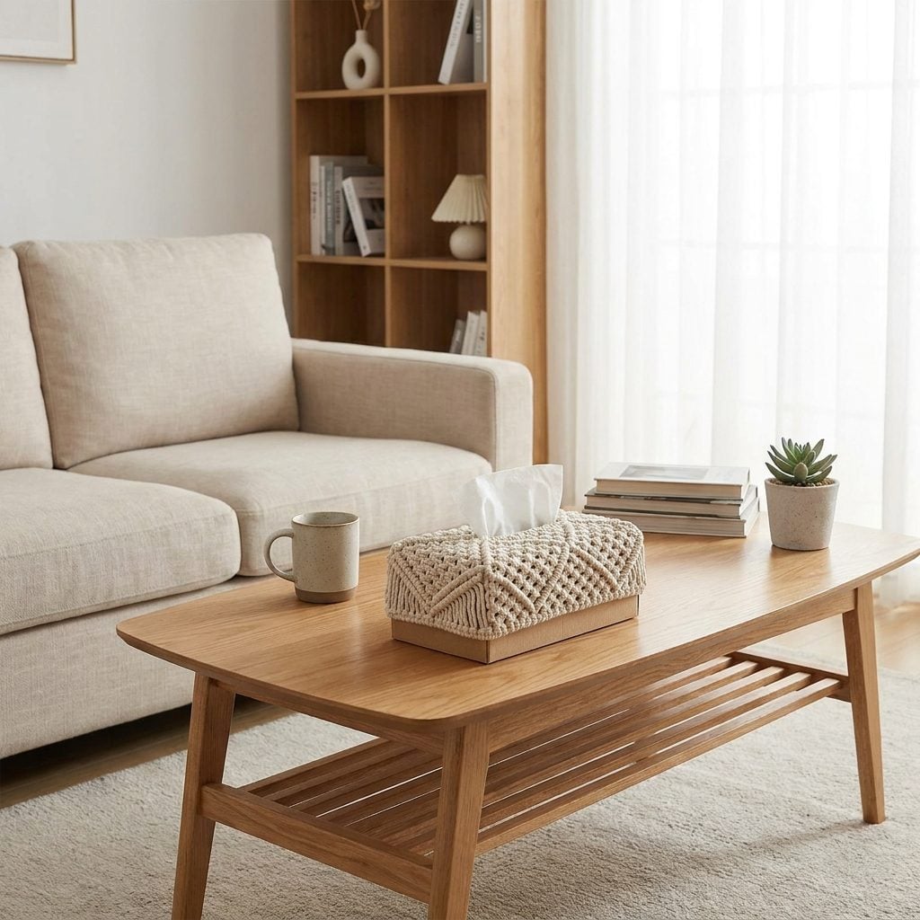 Macramé tissue-box cover on a 1970s coffee table