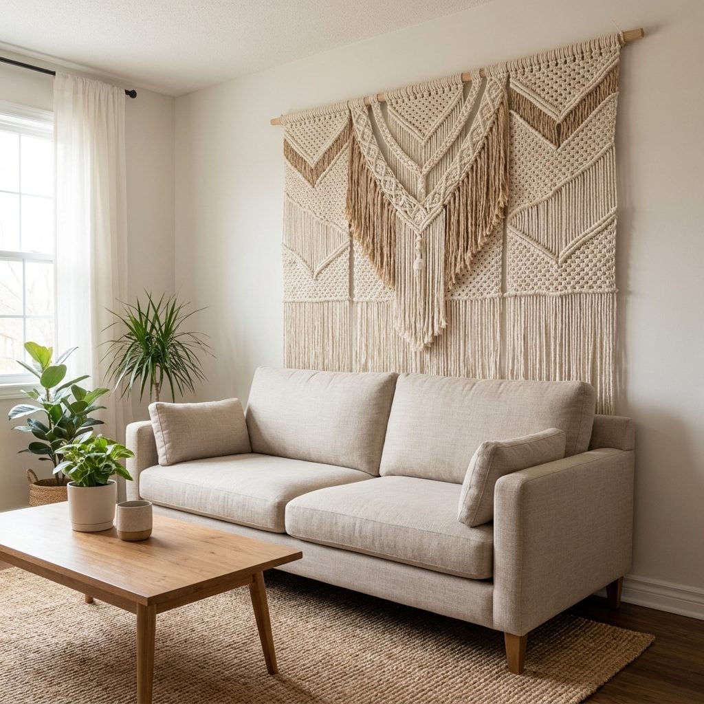 Large macramé wall panel hanging behind a 1970s sofa