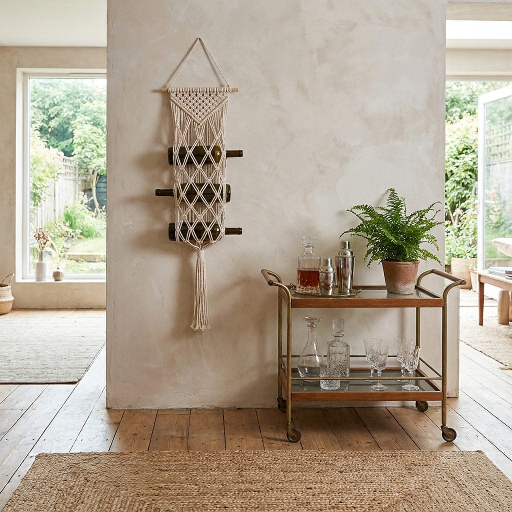Macramé wine rack holding bottles near a 1970s bar cart