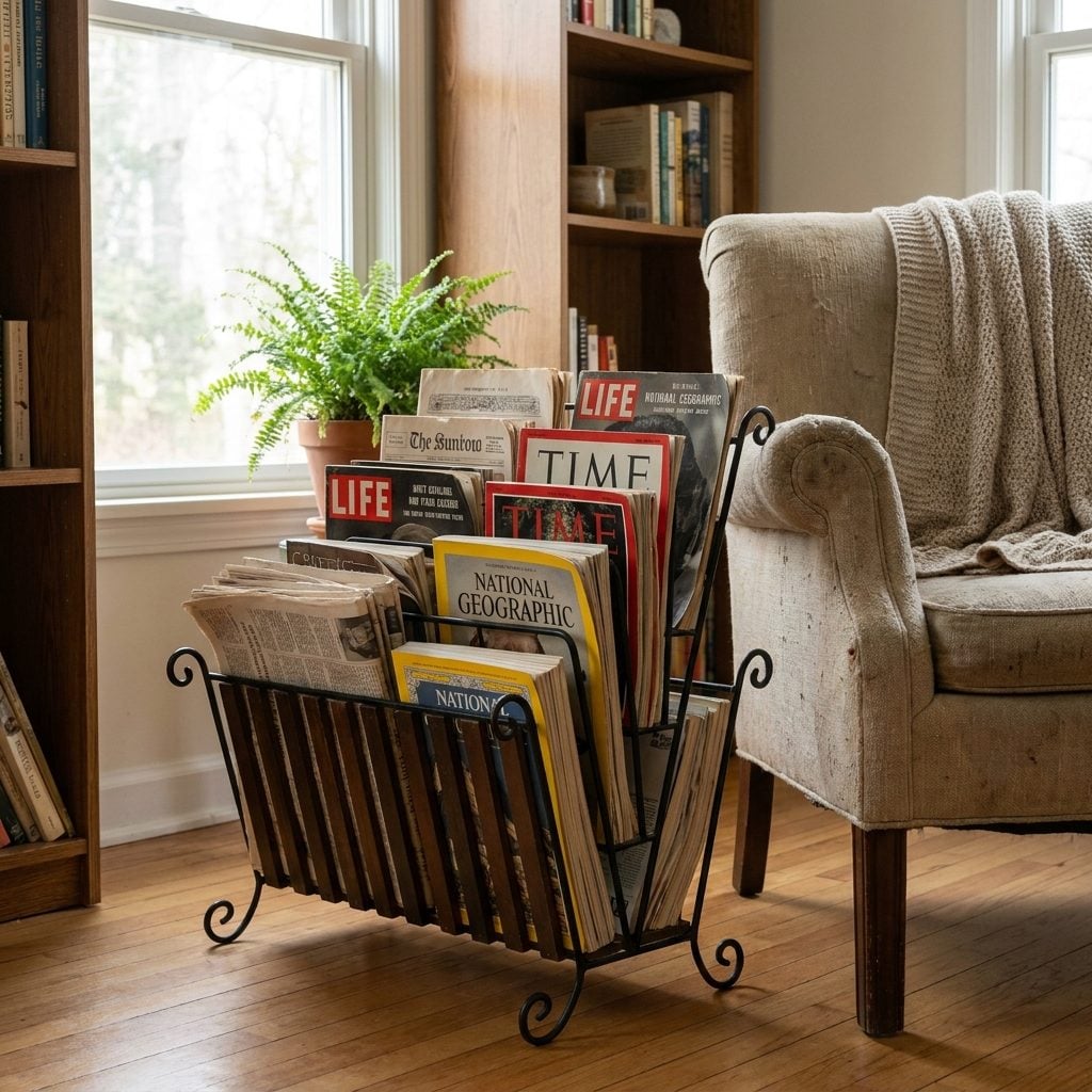 The Magazine Rack Stuffed With Newspapers, Catalogs and Magazines