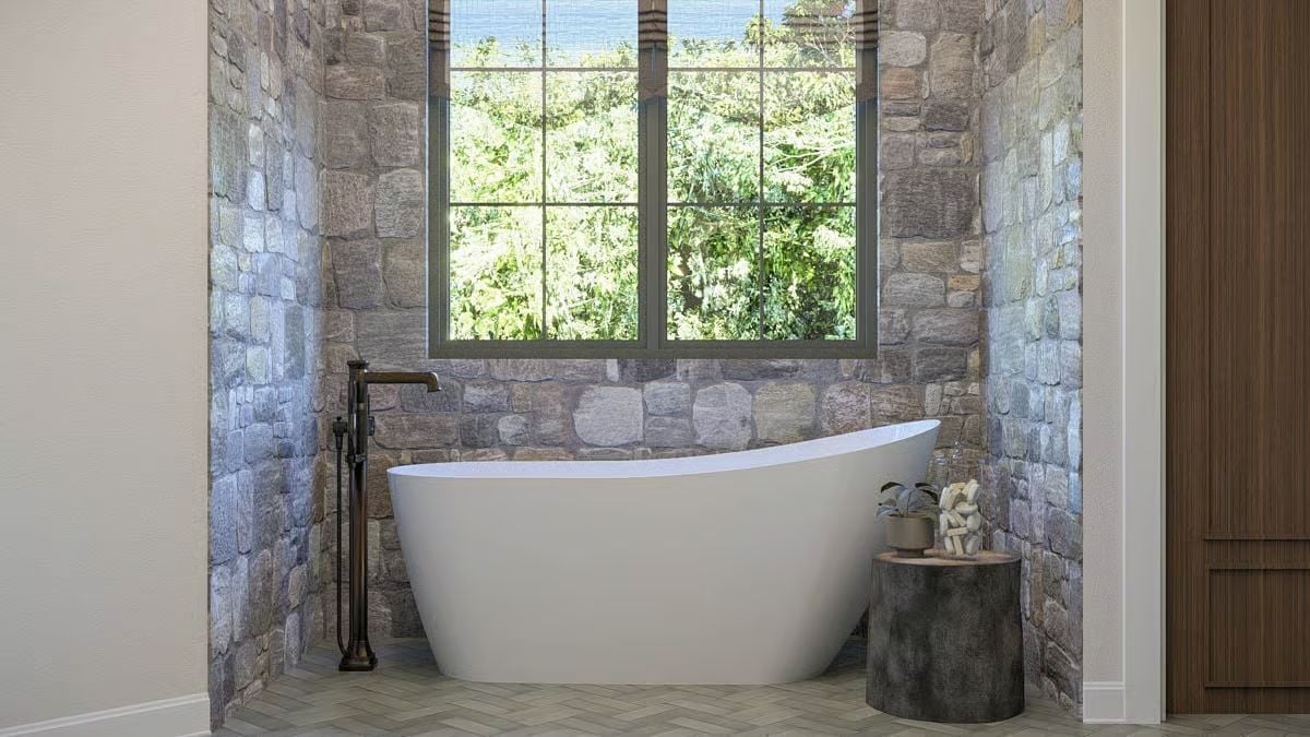 Soaking Tub Set Into Stone Walls With a Garden View Worth the Splurge