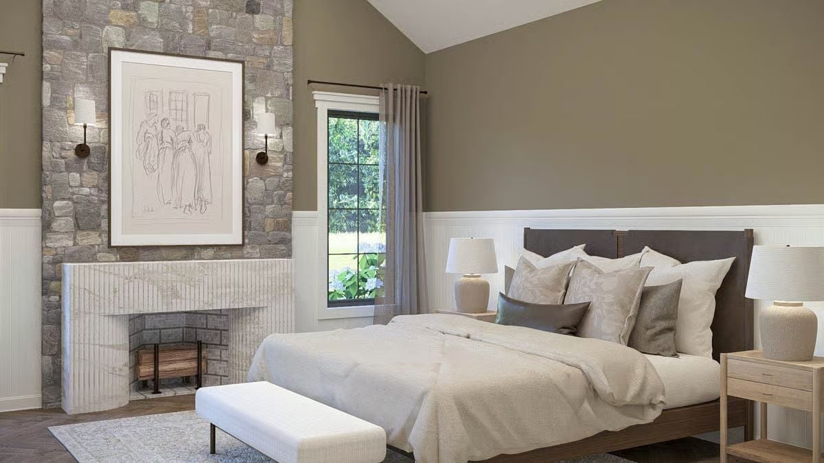 Stone Chimney Breast and Beadboard Wainscoting Pull the Primary Suite in Two Directions