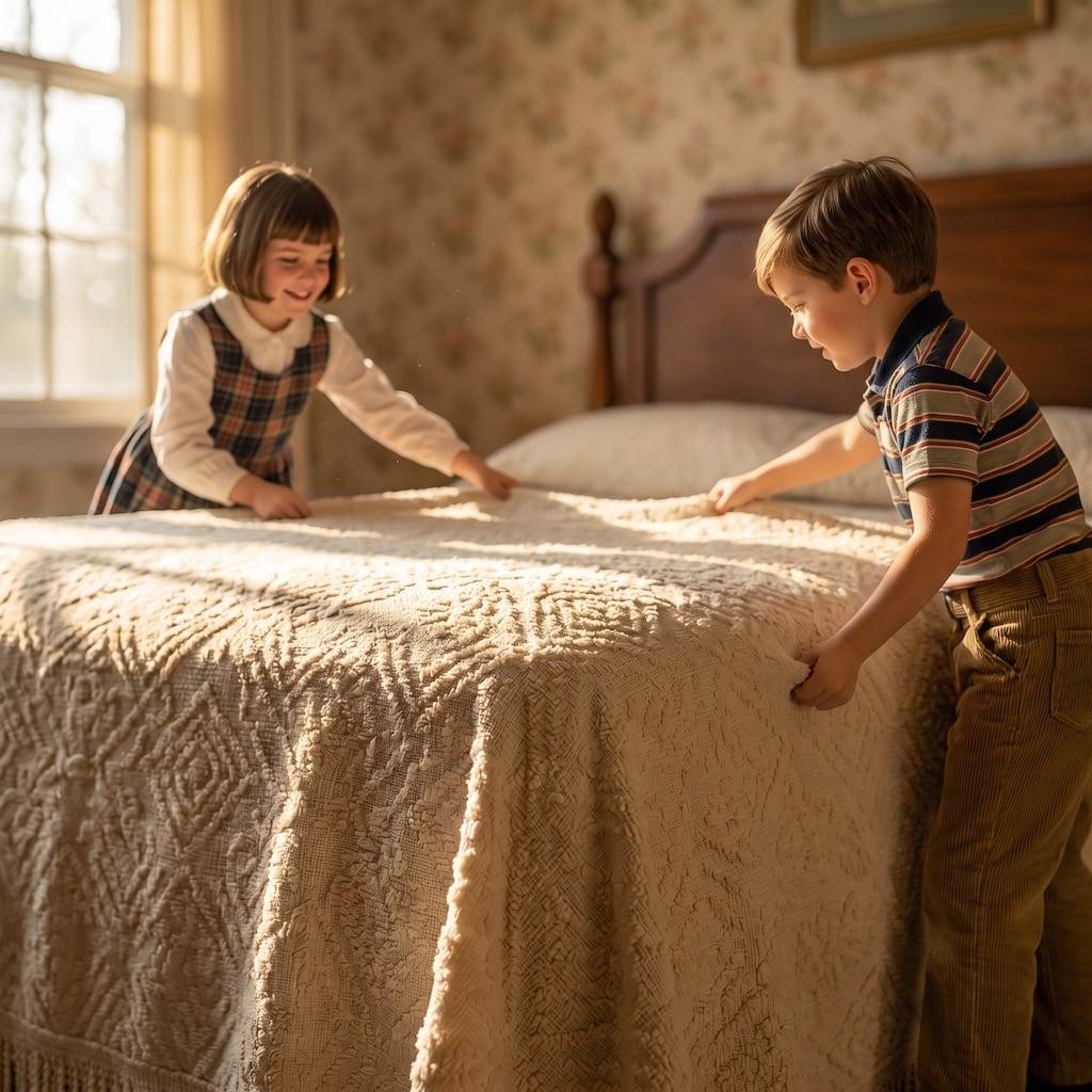 A child making the bed before breakfast on a Saturday morning