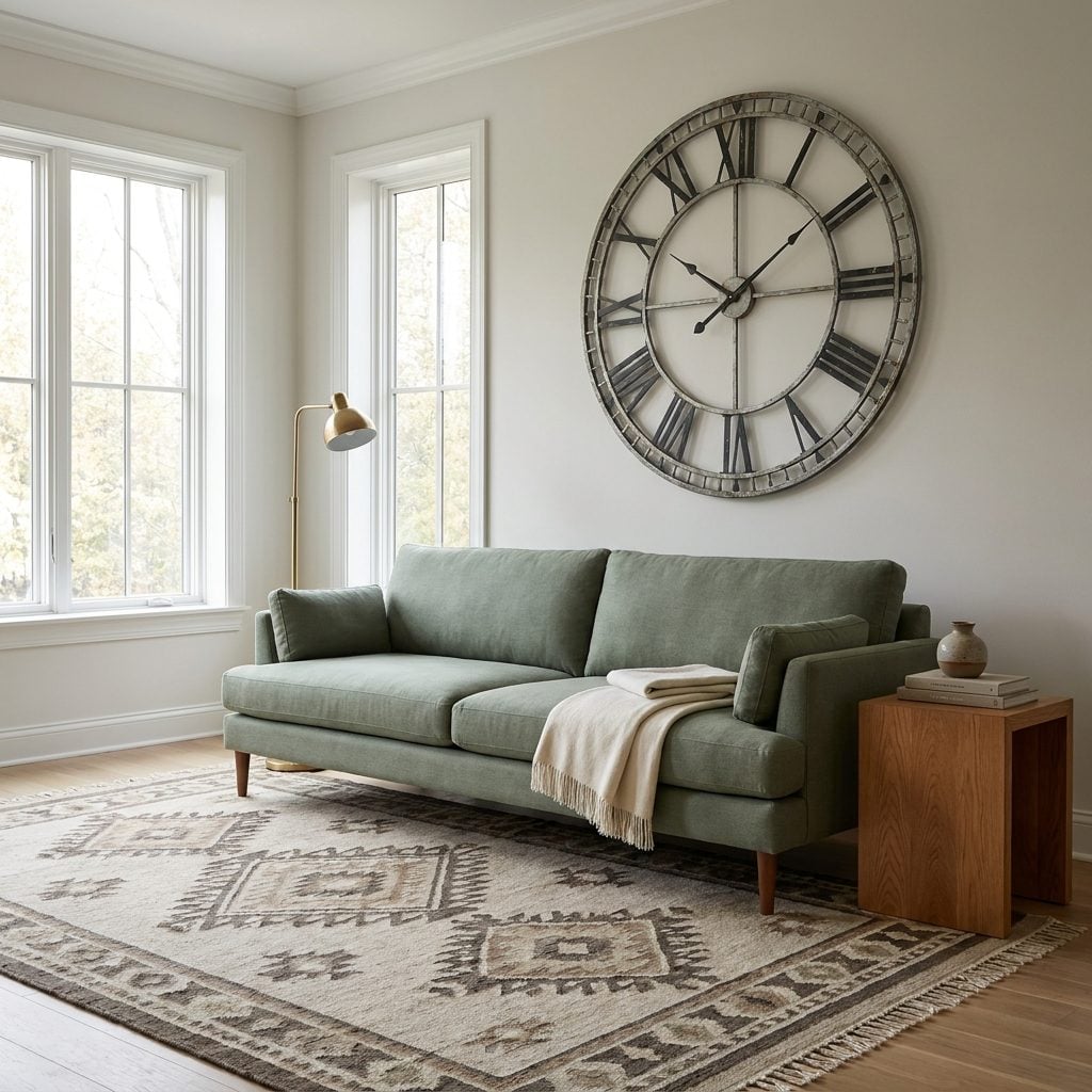 Contemporary living room with a four-foot decorative Roman-numeral wall clock dominating the wall above a sage sofa.