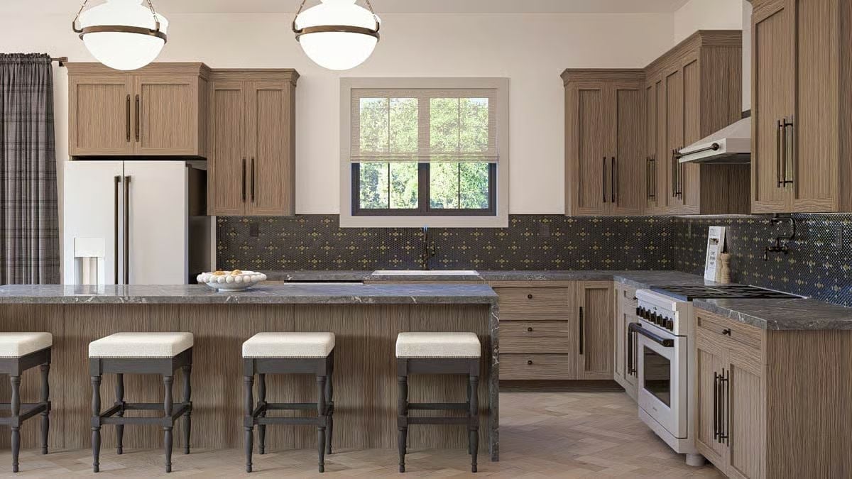 Dark Mosaic Backsplash, Gray Marble, and Cabinets That Don't Compete