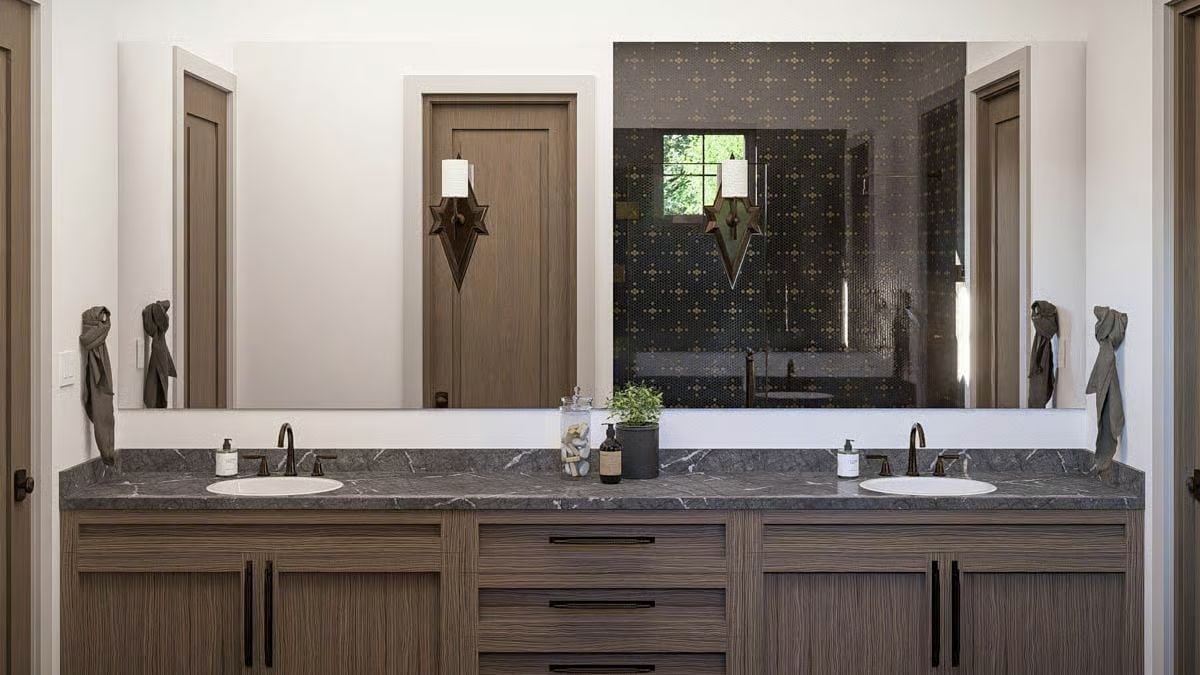 Double Vanity Done Right: Gray Marble, Bronze Fixtures, and Cabinet Grain That Earns Attention