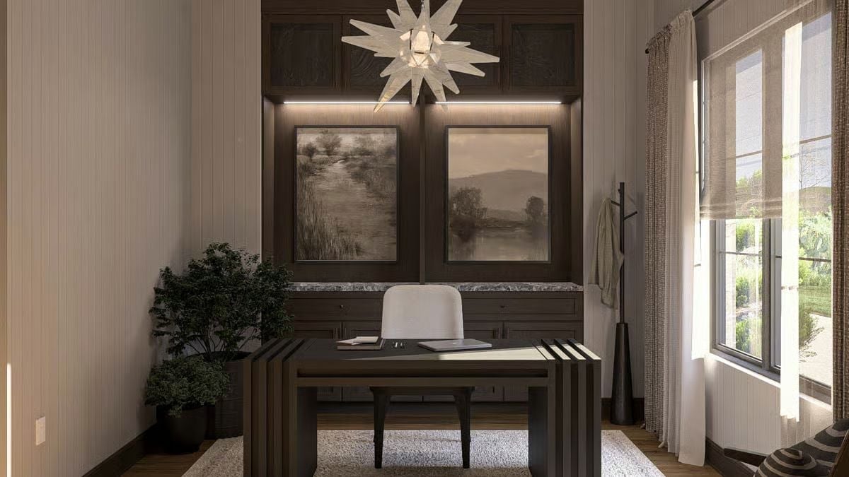 Spiked Crystal Pendant and Dark Built-Ins Give This Home Office Its Own Gravity