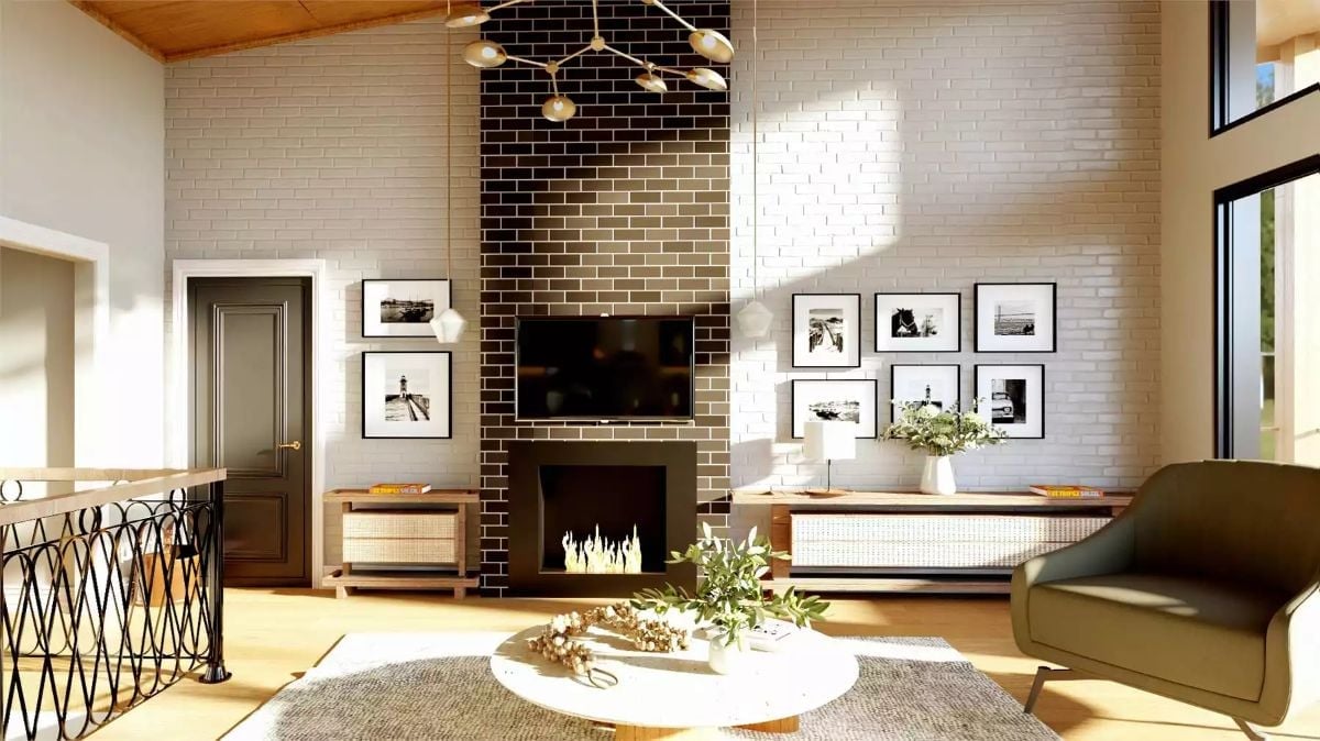Dark Brick Chimney Runs Floor to Ceiling Above an Ethanol Fireplace