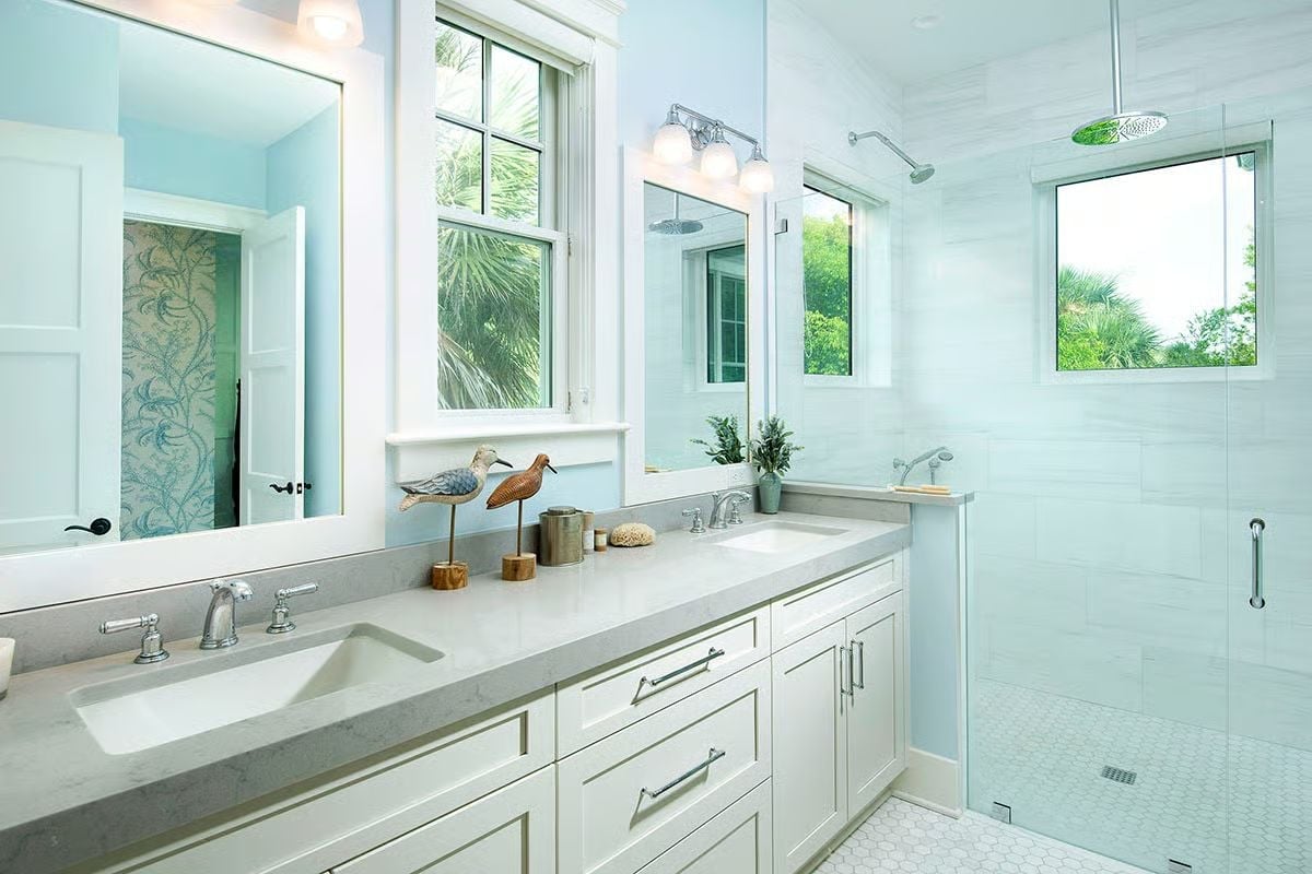 Shorebird Figurines and Gray Quartz Keep a Double Vanity Honest